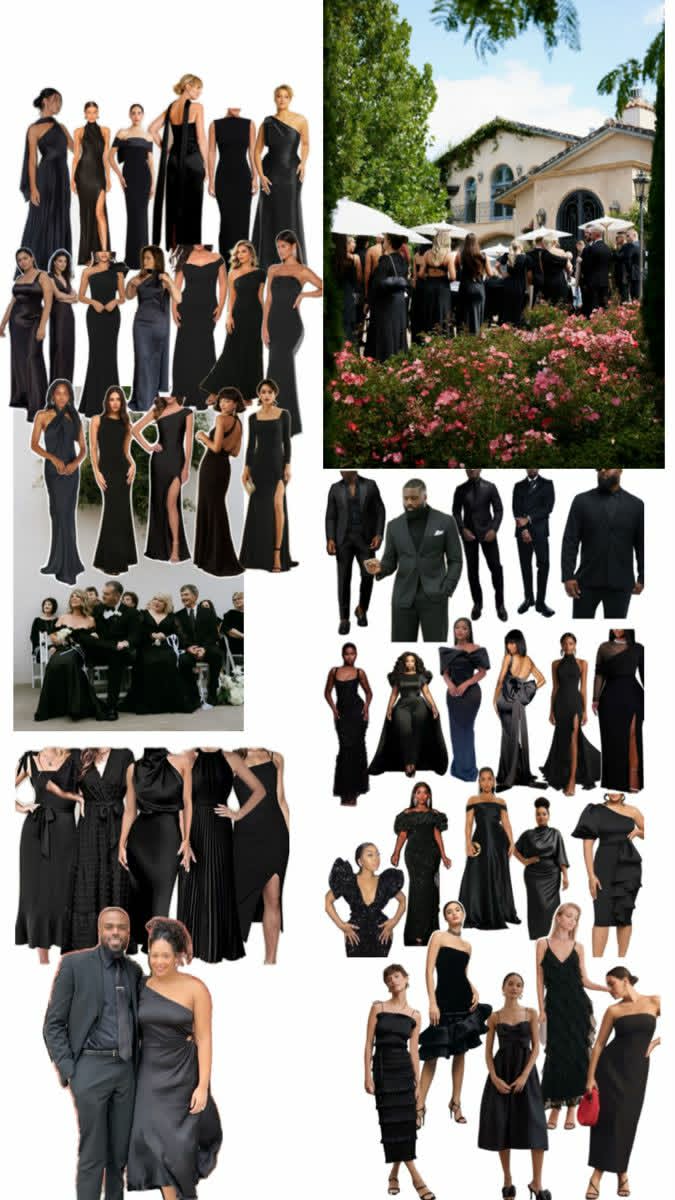 Mood board of black-tie gowns, suits and a garden celebration